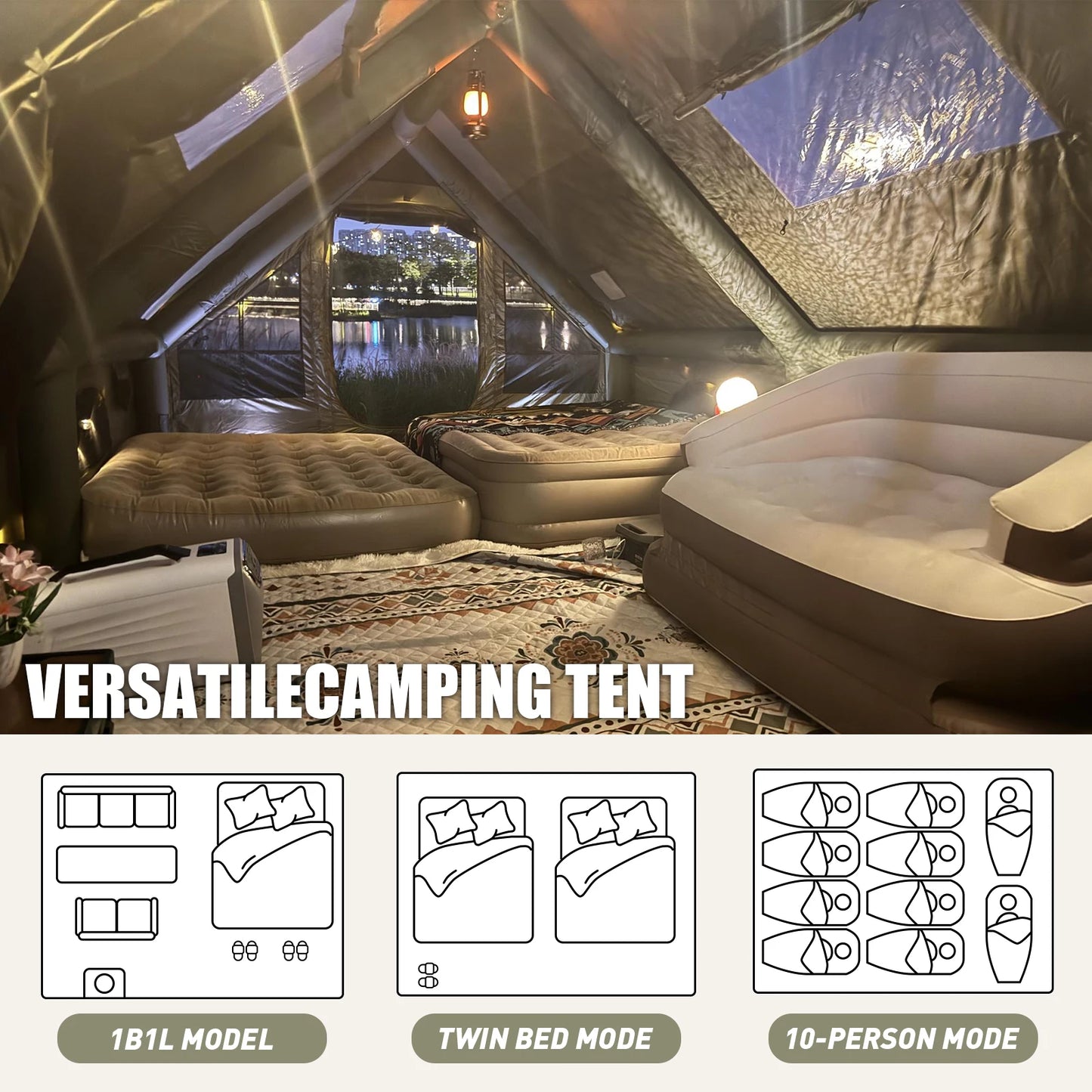 Army Green Inflatable Camping Tent with Chimney Opening and AC Vent,Waterproof Windproof Blow Up Tent House for 8 Person
