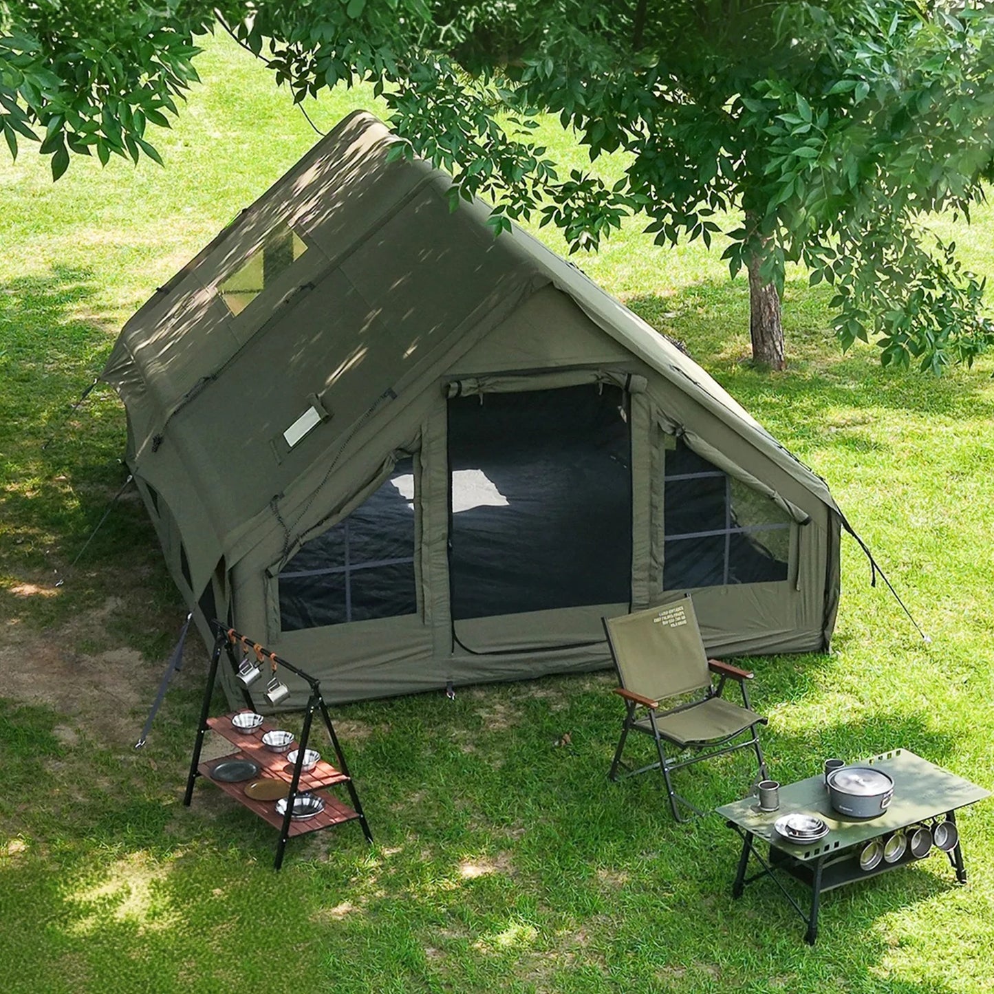 Army Green Inflatable Camping Tent with Chimney Opening and AC Vent,Waterproof Windproof Blow Up Tent House for 8 Person
