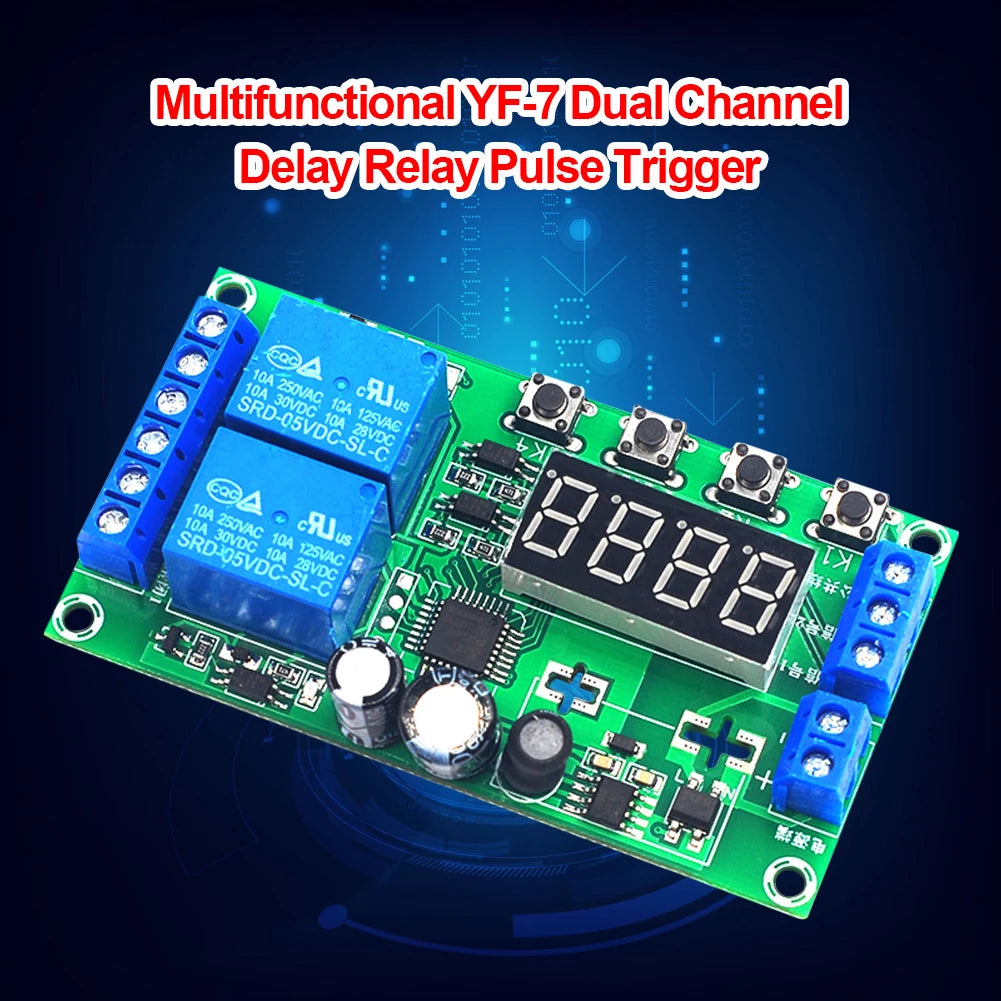 Yf-7 Multifunctional Dual Channel Delay Relay Module Board Pulse Trigger Cycle Timer 0.01s-999m Delay Time Adjustable 7-30v Dc