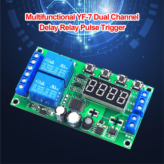 Yf-7 Multifunctional Dual Channel Delay Relay Module Board Pulse Trigger Cycle Timer 0.01s-999m Delay Time Adjustable 7-30v Dc