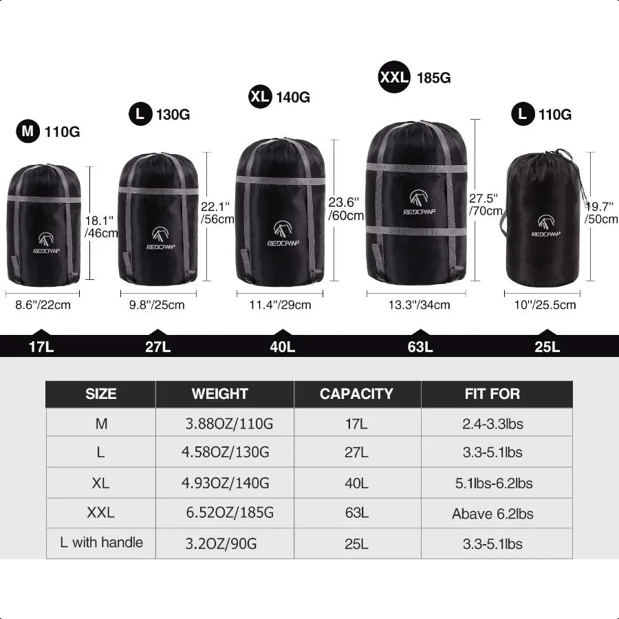 Sleeping Bag Stuff Sack Black M L XL and XXL Comprion Sack Great for Backpacking and Camping