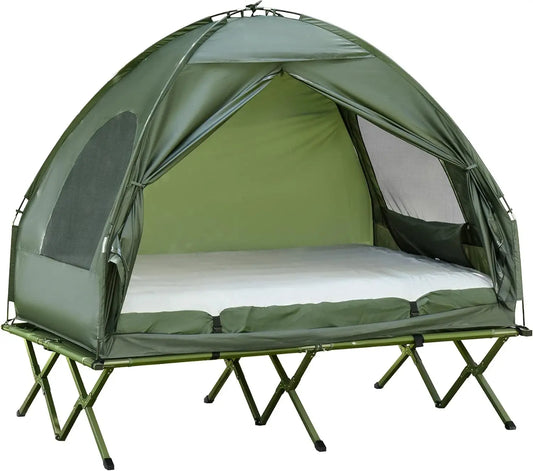 2 Person Foldable Camping Cot with Tent, Bedspread and Thick Air Mattress, 4-in-1 Elevated Camping Bed Tent for Outdoor Hiking