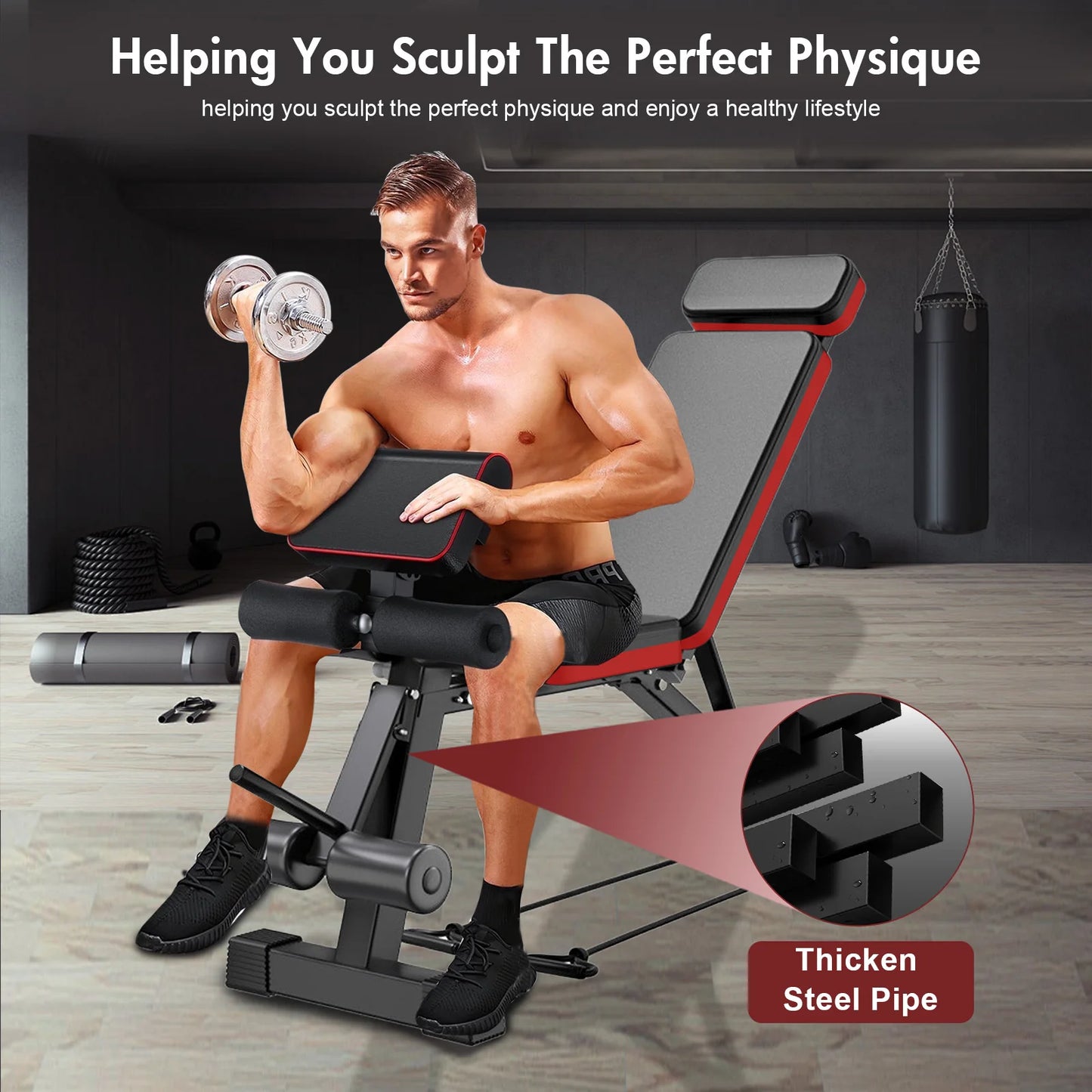 Adjustable Weight Bench 7-Level Foldable with Extended Headrest Leg Extension Incline Decline Bench 770 lbs Full-Body Strength