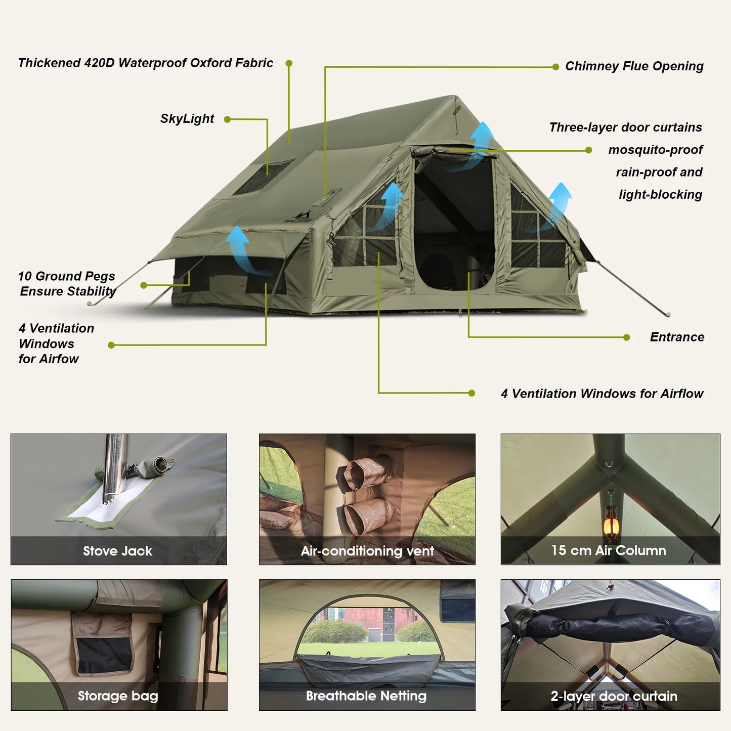 Army Green Inflatable Camping Tent with Chimney Opening and AC Vent,Waterproof Windproof Blow Up Tent House for 8 Person