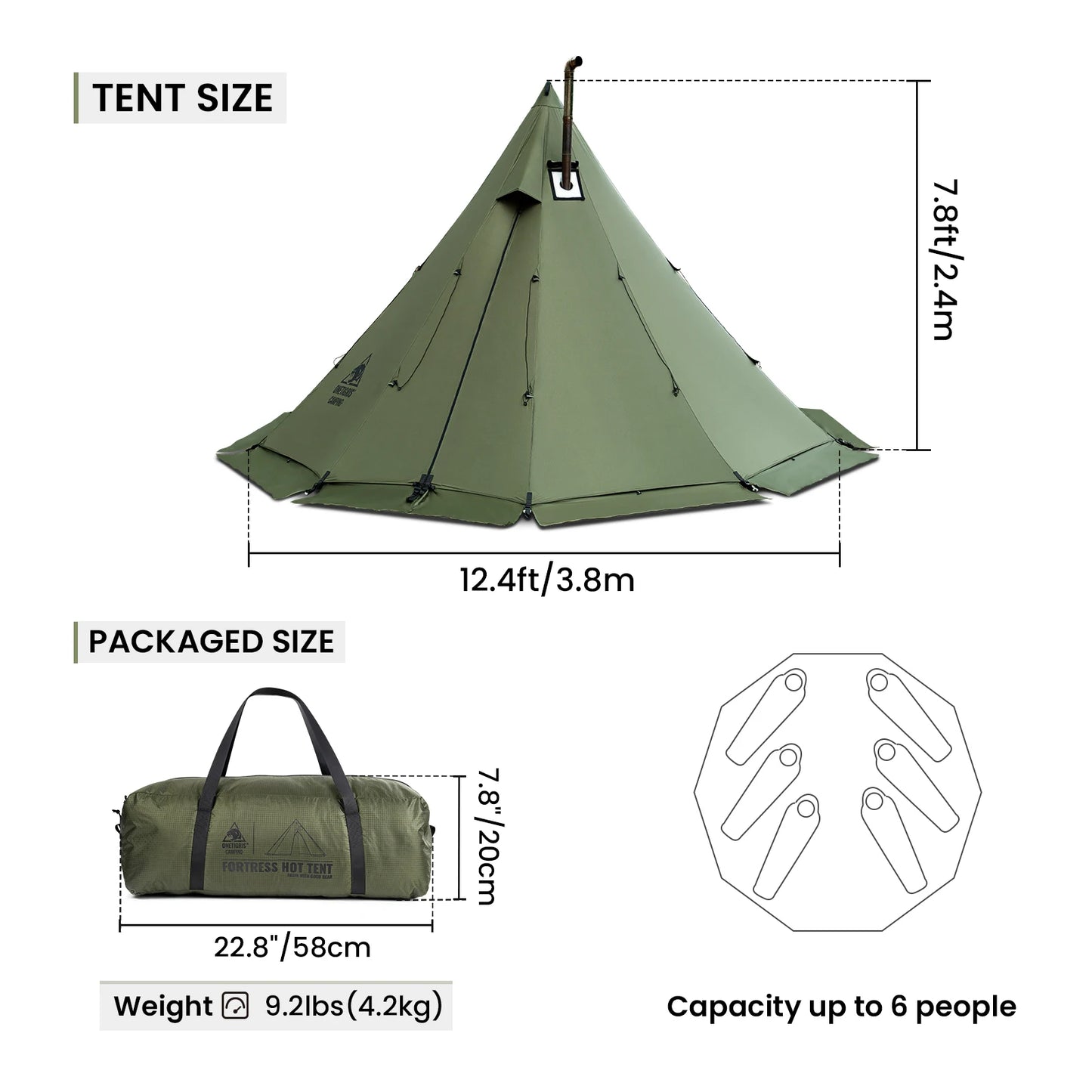 OneTigris Rock Fortress Hot Tent with Stove Jack Pyramid Tent 4 Season 4-6 Person Tipi for Camping Backpacking Fishing Hicking