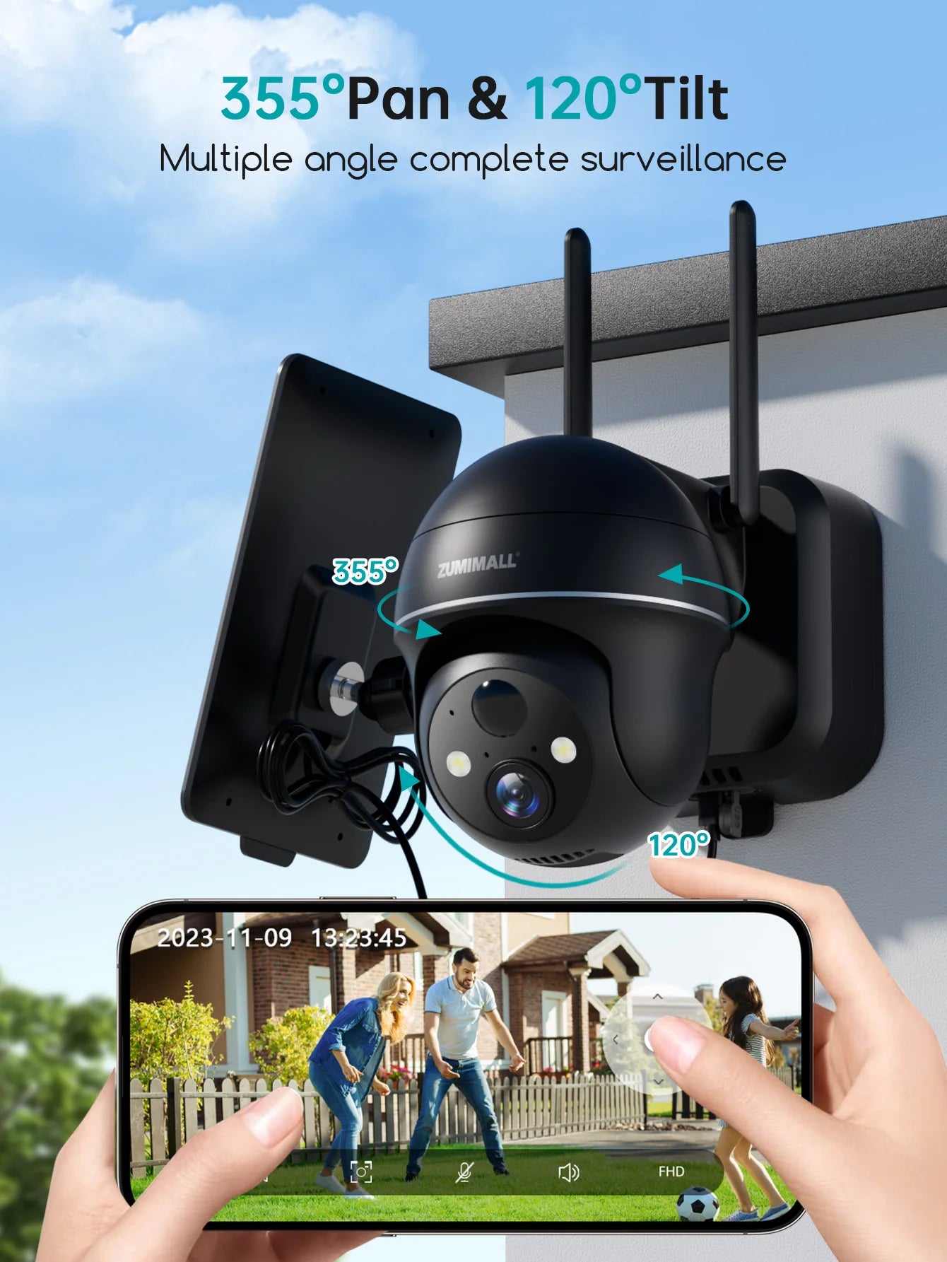 ZUMIMALL  Wireless Battery for Home security with 360° PTZ,  3MP Color Night Vision,2.4G WiFi, Spotlight & Siren,PIR/AI/2-Way Ta