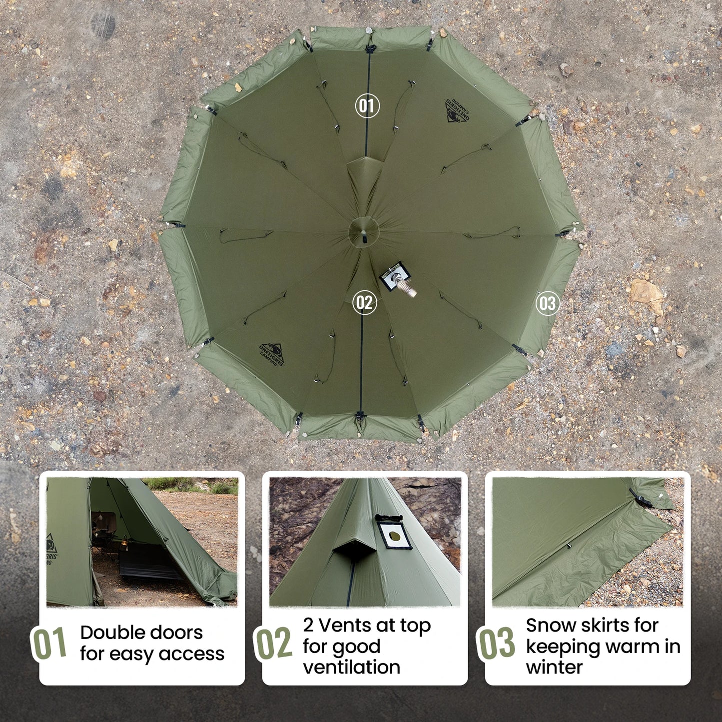 OneTigris Rock Fortress Hot Tent with Stove Jack Pyramid Tent 4 Season 4-6 Person Tipi for Camping Backpacking Fishing Hicking