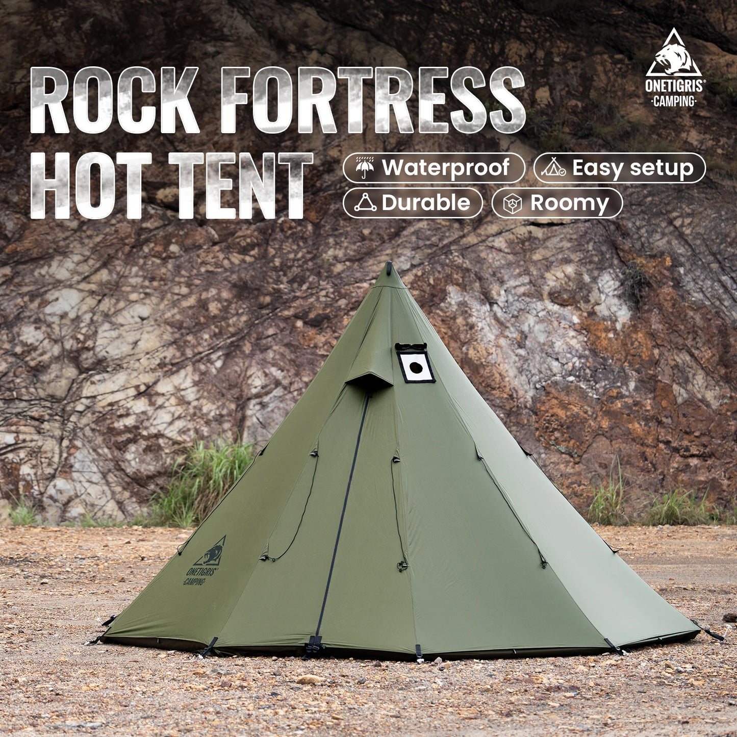 OneTigris Rock Fortress Hot Tent with Stove Jack Pyramid Tent 4 Season 4-6 Person Tipi for Camping Backpacking Fishing Hicking
