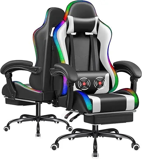 Gaming Chair with RGB LED Lights, Video Game Chair with Footrest and Massage Lumbar Support, High Back Reclining Computer Chair