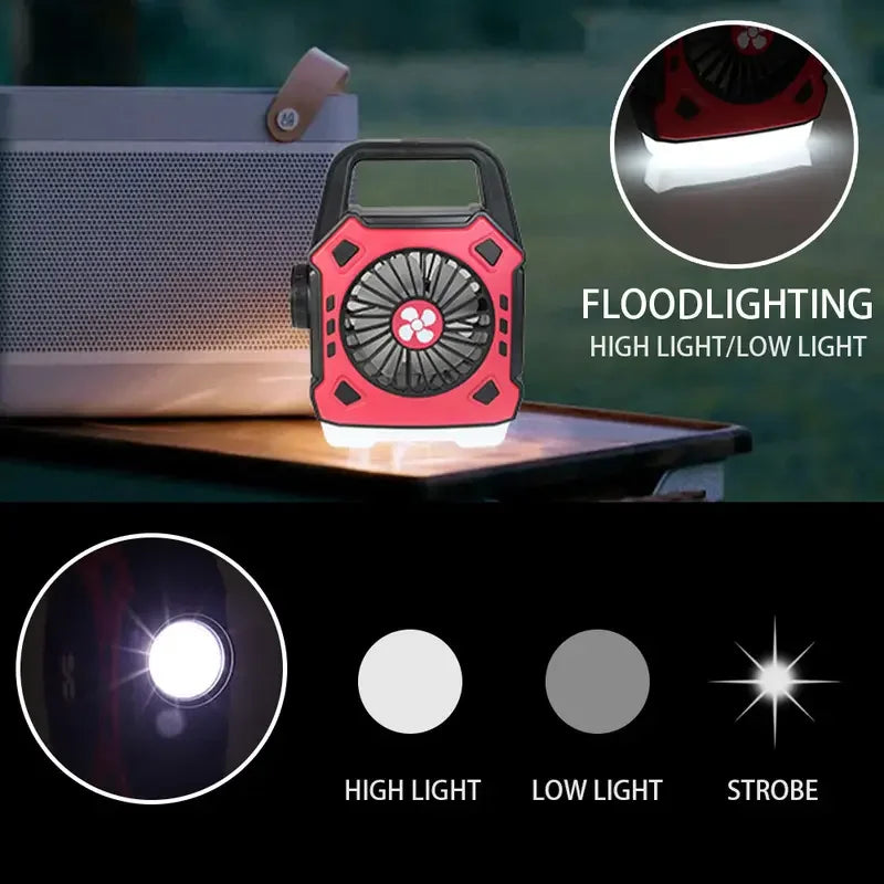2-in-1 Portable LED Camping Fan Lamp, USB Rechargeable Outdoor Handle Light for Office, Party, Fishing