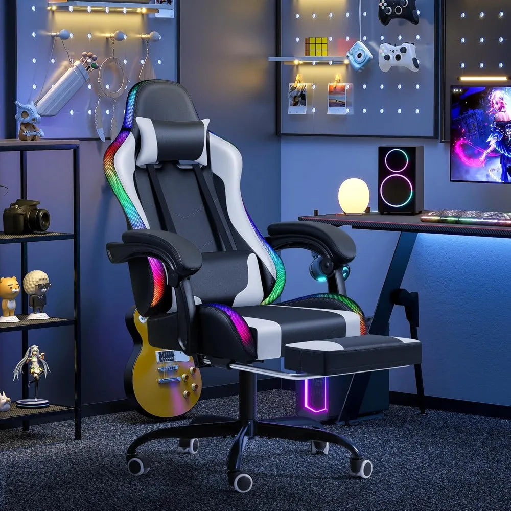Gaming Chair with RGB LED Lights, Video Game Chair with Footrest and Massage Lumbar Support, High Back Reclining Computer Chair