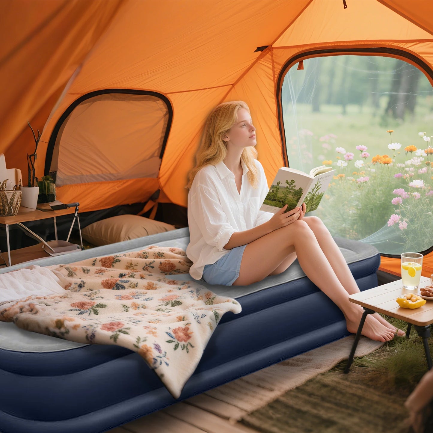 Foldable Inflatable Mattress Antileak Thicken Sleeping Bed Mat Soft Flocked Top Air Mattress With Electric Air Pump Camping Bed