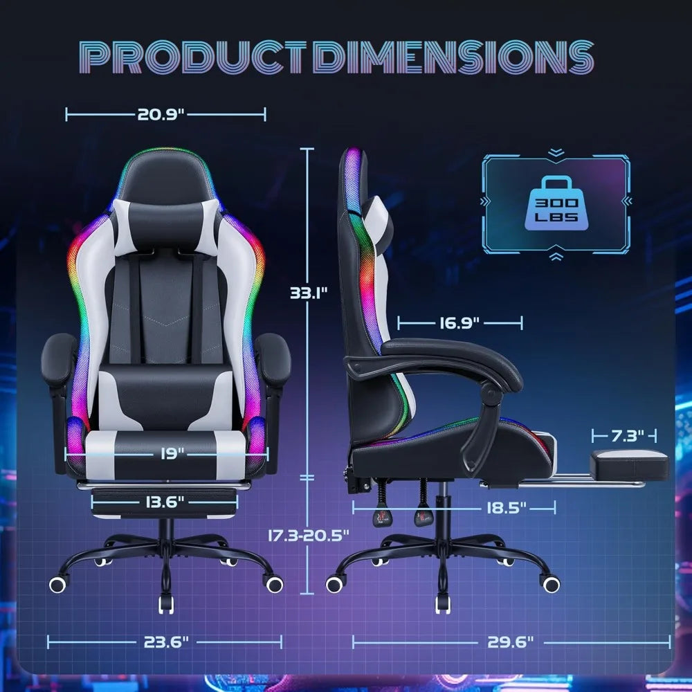 Gaming Chair with RGB LED Lights, Video Game Chair with Footrest and Massage Lumbar Support, High Back Reclining Computer Chair