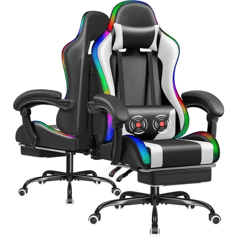 Gaming Chair with RGB LED Lights, Video Game Chair with Footrest and Massage Lumbar Support, High Back Reclining Computer Chair