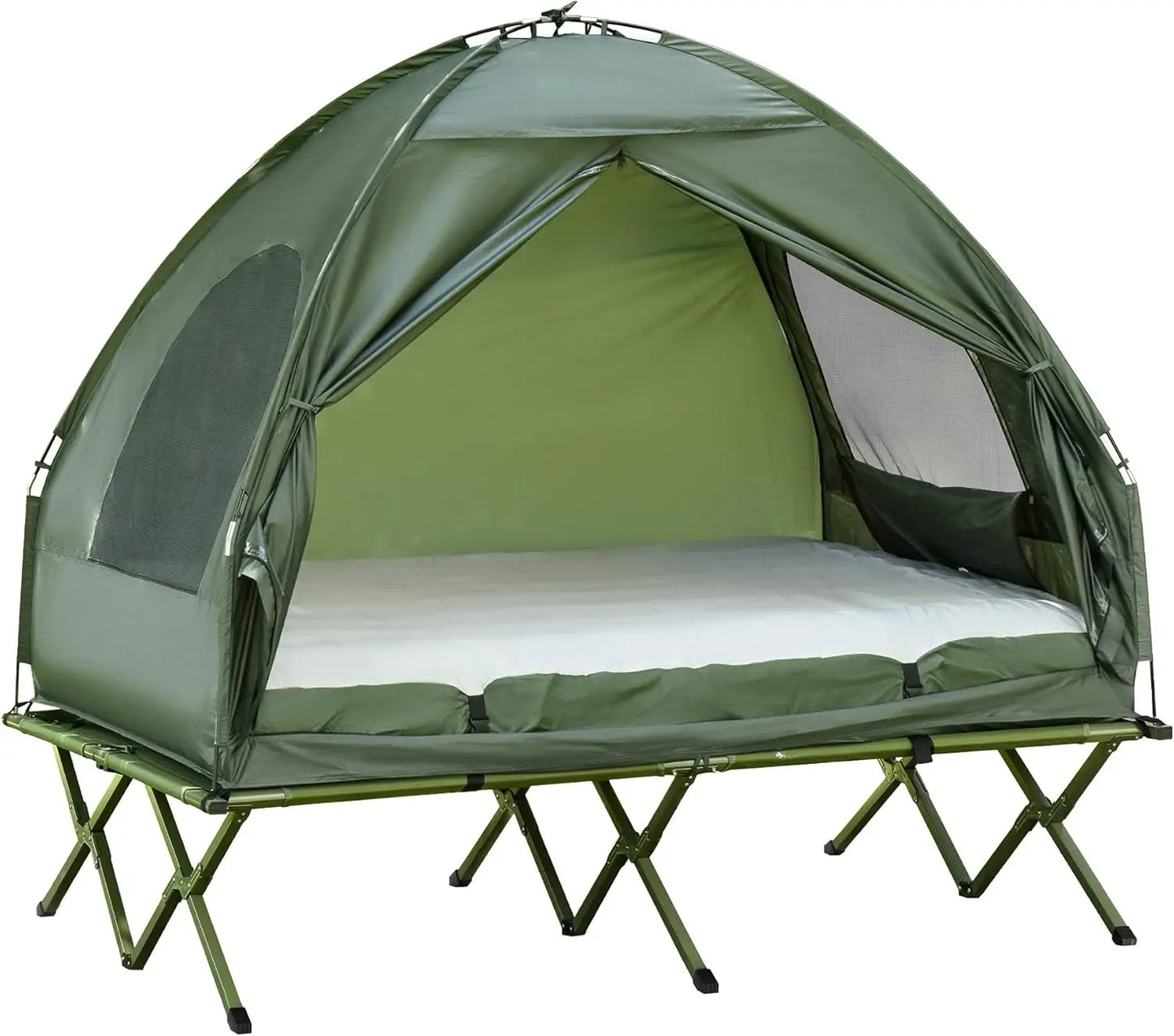 2 Person Foldable Camping Cot with Tent, Bedspread and Thick Air Mattress, 4-in-1 Elevated Camping Bed Tent for Outdoor Hiking