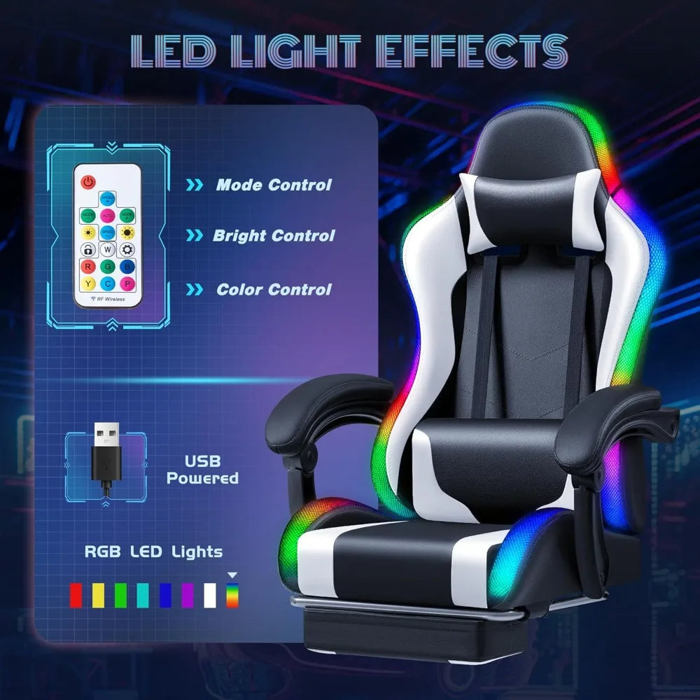 Gaming Chair with RGB LED Lights, Video Game Chair with Footrest and Massage Lumbar Support, High Back Reclining Computer Chair