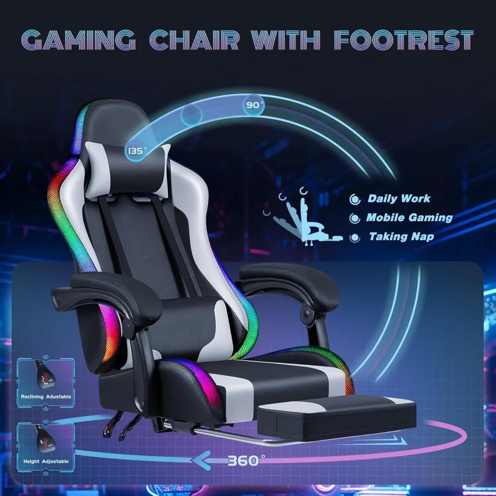 Gaming Chair with RGB LED Lights, Video Game Chair with Footrest and Massage Lumbar Support, High Back Reclining Computer Chair
